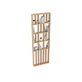 Wooden Partition with Multi Shelf Design Holding Books and Small Potted Plants