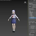 Anime Game Character With Silver Hair In School Uniform Red Necktie And Blue Pleated Skirt