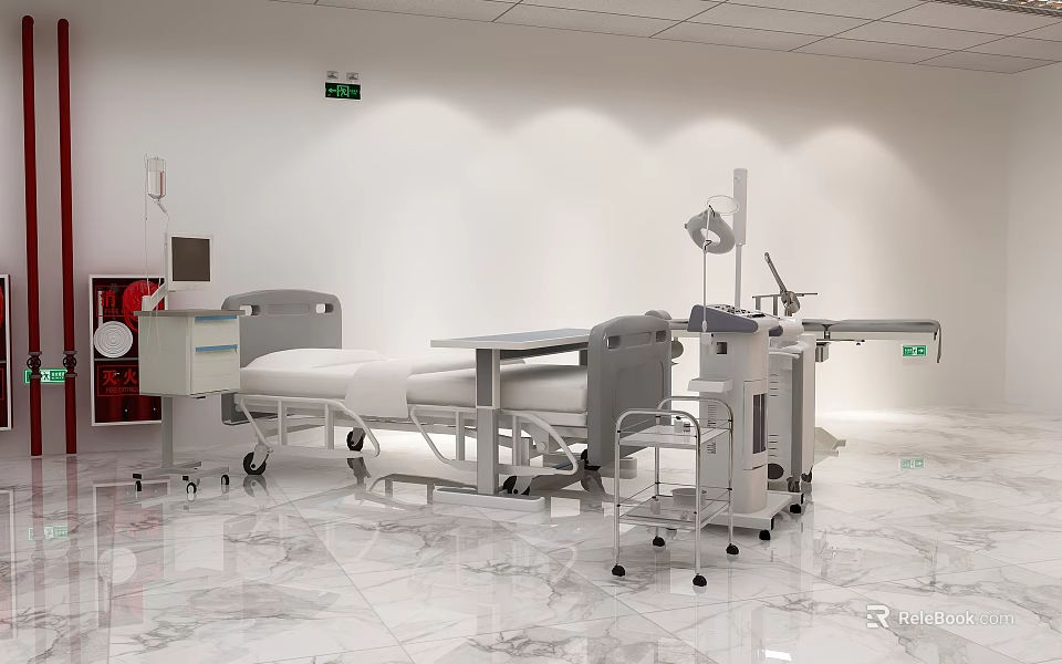 Medical Furniture Showroom Featuring Hospital Bed Carts Surgical Lamp And Marble Floor 3d model 