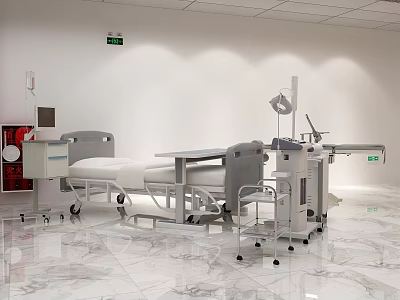 Medical Furniture Showroom Featuring Hospital Bed Carts Surgical Lamp And Marble Floor 3d model