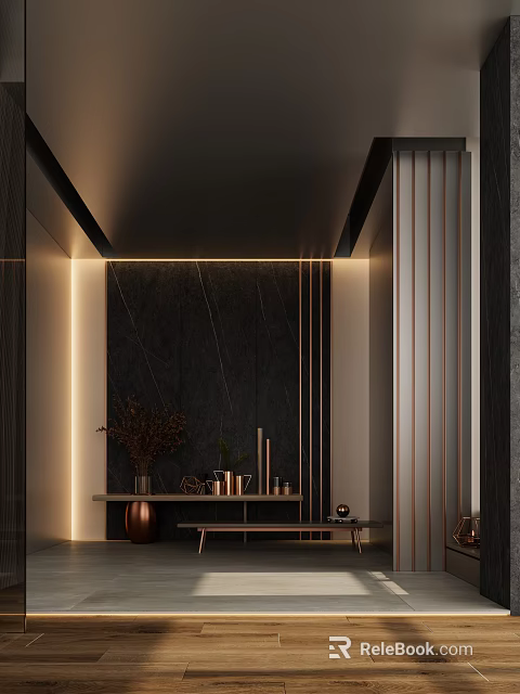 Modern Entryway Interior Design With Dark Marble Feature Wall Copper Strips And Ambient Lighting 3d model