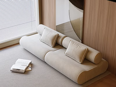 Beige Two Seater Sofa in Living Room with Wooden Wall Window Blinds and Books 3d model