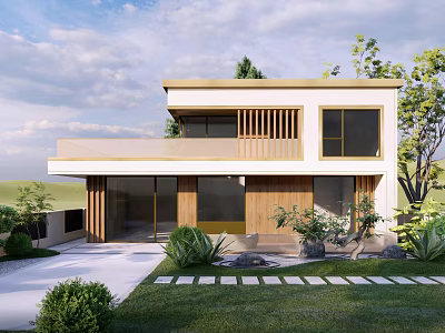 Modern Detached Villa Two Story Exterior With Large Windows Wooden Elements And Green Lawn 3d model