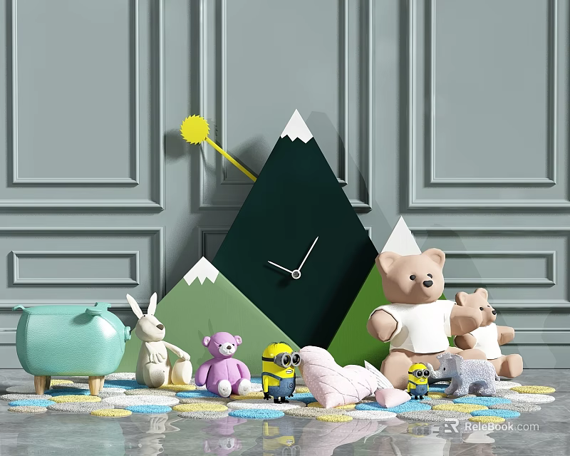 Cute Stuffed Animal Toys Teddy Bears Rabbit Minions On Colorful Mat With Mountain Clock Decor 3d model 