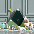 Cute Stuffed Animal Toys Teddy Bears Rabbit Minions On Colorful Mat With Mountain Clock Decor