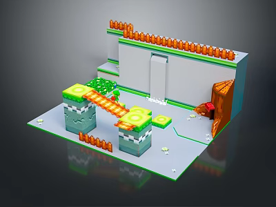 3D Cartoon Game Level Scene With Green Platforms Orange Rails Gray Block Structures And Pathway 3d model
