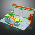 3D Cartoon Game Level Scene With Green Platforms Orange Rails Gray Block Structures And Pathway