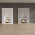 White Marble and Stone TV Wall Design with Arched Fireplace Flames Dark Wood Herringbone Floor
