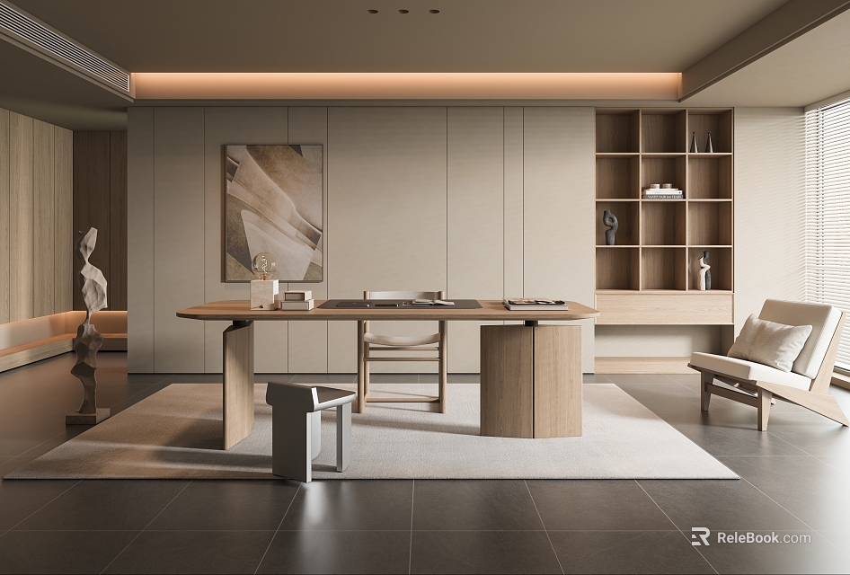 Modern Study Room Interior With Wooden Desk Bookshelves Comfortable Chair And Area Rug 3d model 