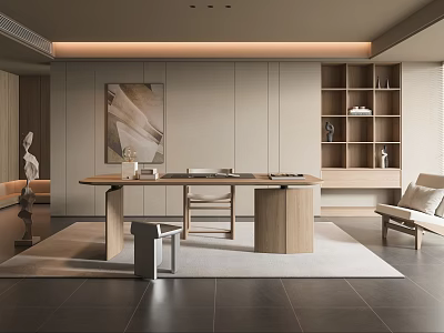 Modern Study Room Interior With Wooden Desk Bookshelves Comfortable Chair And Area Rug 3d model