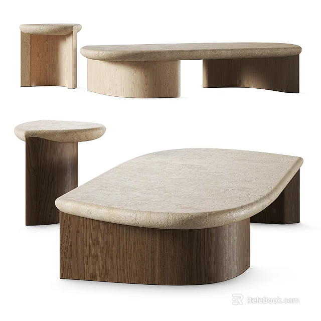 Modern Coffee Table With Curved Edges Wooden Base And Stone Top Designs 3d model 