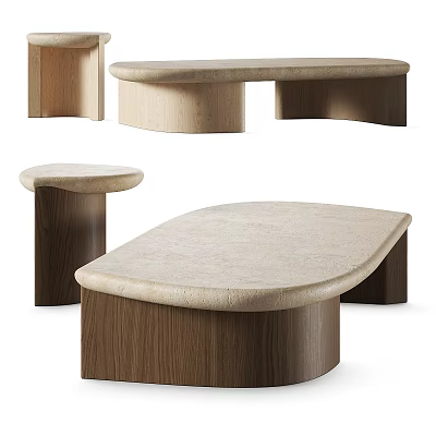 Modern Coffee Table With Curved Edges Wooden Base And Stone Top Designs 3d model