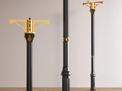 Three Black Decorative Pillars With Gold Ornate Finials And Detailed Patterns 3d model