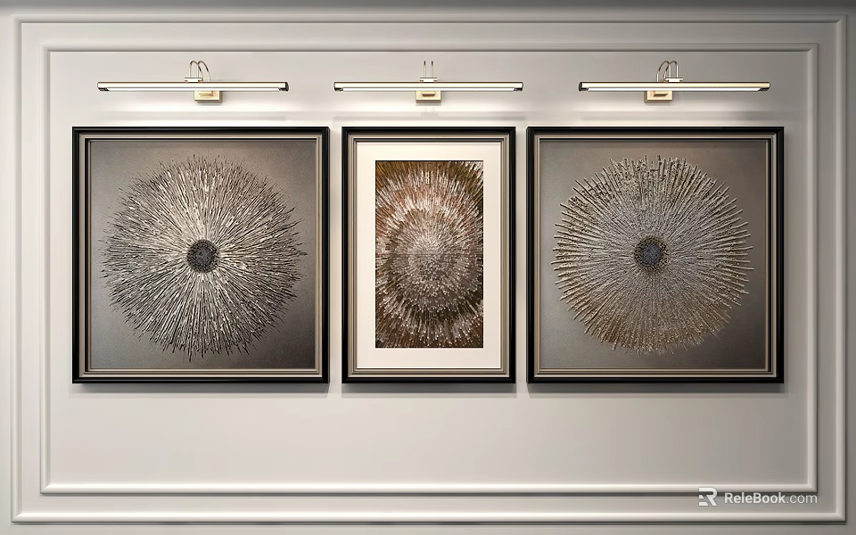 Three Abstract Radial Artworks on White Wall with Black Frames and Spotlights 3d model 