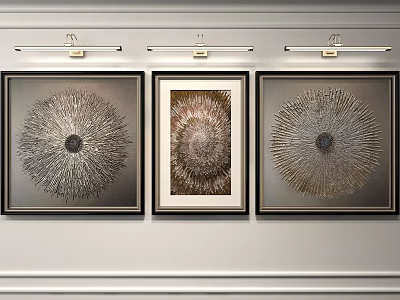 Three Abstract Radial Artworks on White Wall with Black Frames and Spotlights 3d model