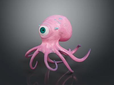 Pink Octopus With Large Green Eye Blue Spots And Long Tentacles On Dark Background 3d model