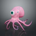 Pink Octopus With Large Green Eye Blue Spots And Long Tentacles On Dark Background