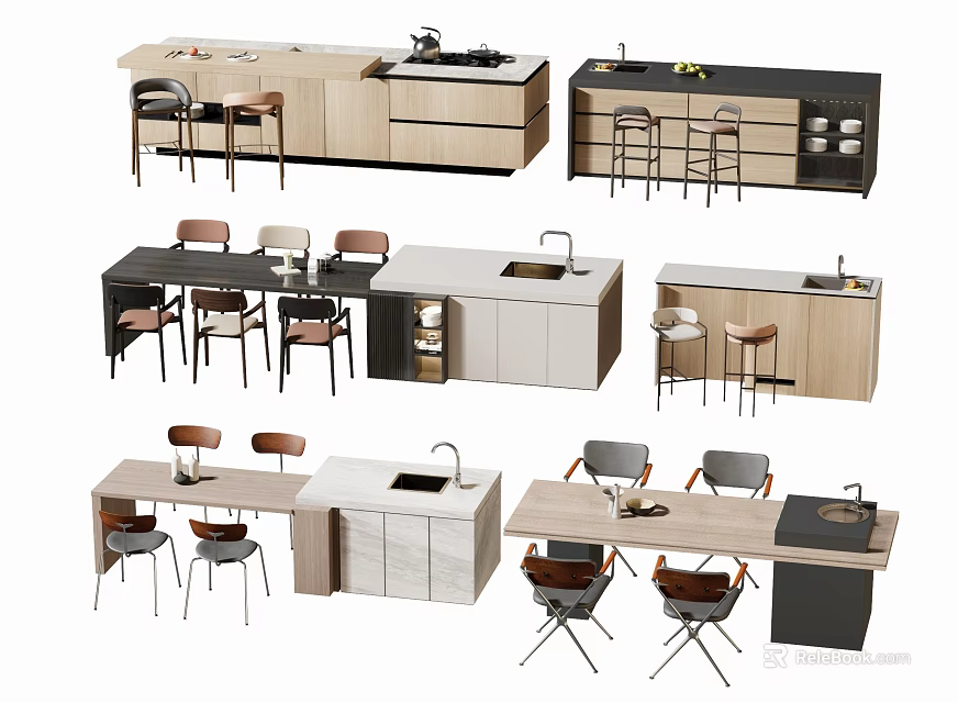 Modern Bar Counter Designs With Wooden Cabinets White Countertop And Stools 3d model 