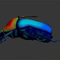 Colorful Iridescent Beetle with Shiny Metallic Exoskeleton and Transparent Wings on Dark Reflective Background