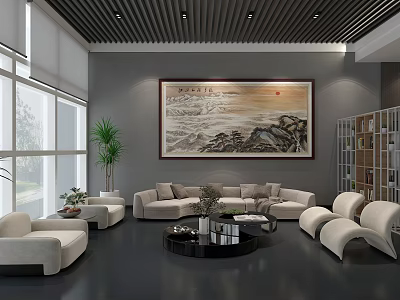 Modern Leisure Area Interior With Sofa Coffee Table Large Windows And Wall Painting 3d model