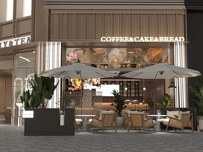 Modern Coffee Shop Exterior With Outdoor Seating Patio Umbrellas Green Plants And Coffee Cake Bread 3d model