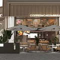Modern Coffee Shop Exterior With Outdoor Seating Patio Umbrellas Green Plants And Coffee Cake Bread