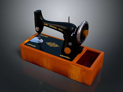 Vintage Sewing Machine On Wooden Base With Classic Design And Metal Parts 3d model
