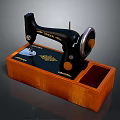 Vintage Sewing Machine On Wooden Base With Classic Design And Metal Parts