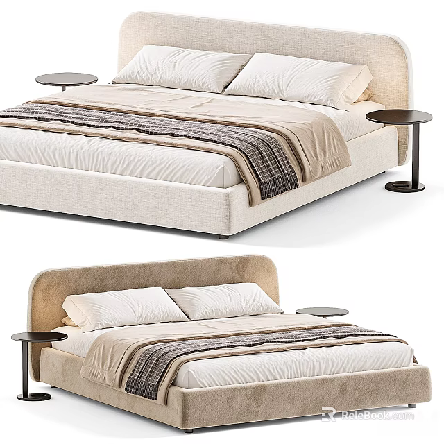 Elegant Modern Double Bed With Soft Upholstered Headboard And Wooden Side Tables 3d model 