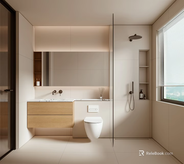 Modern Bathroom Interior Design With Wooden Vanity White Toilet And Glass Shower Partition 3d model 