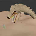 Small Orange Figure With Purple Hair Near Giant Beige Dragon Creature On Sandy Ground