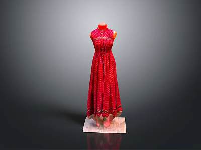 Red Polka Dot Long Dress On Mannequin With Ruffled Hem And Fitted Waist 3d model