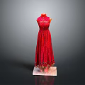 Red Polka Dot Long Dress On Mannequin With Ruffled Hem And Fitted Waist