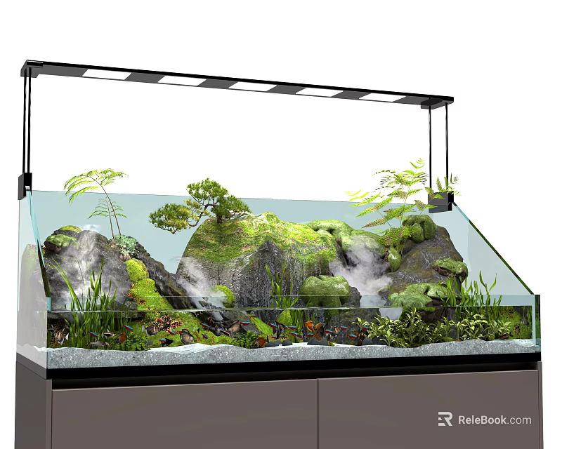 Freshwater Aquarium Setup with Natural Rock Formations Aquatic Plants and LED Lighting 3d model 