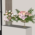 Pink Peonies White Roses With Green Leaves In Glass And Brass Vases On White Pedestal