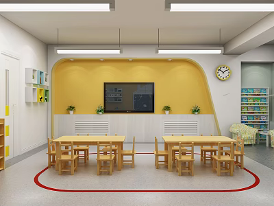 Kindergarten Classroom Interior With Yellow Walls Large Screen Green Plants Wooden Tables And Chairs 3d model
