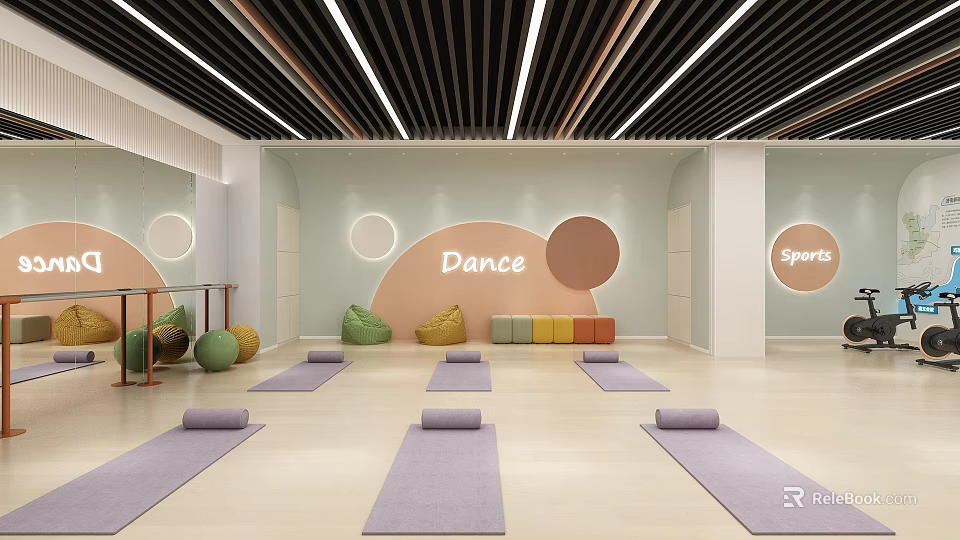 Spacious Fitness Studio With Yoga Mats Dance Sports Signs And Circular Decorations 3d model 