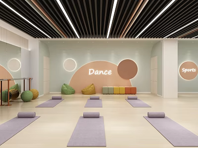 Spacious Fitness Studio With Yoga Mats Dance Sports Signs And Circular Decorations 3d model