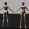 Woman With Pink Hair In Bikini Showing Tattoos And High Heels Front Back Views