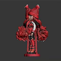 Two Character Dolls In Red Outfits With Red Hats Standing On Red Bases