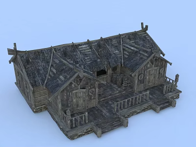 Traditional Rustic Wooden House With Thatched Roof Porch And Wooden Steps 3d model