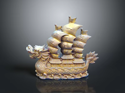 Golden Dragon Shaped Ship Ornament With Intricate Sails And Decorative Details 3d model