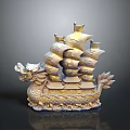 Golden Dragon Shaped Ship Ornament With Intricate Sails And Decorative Details