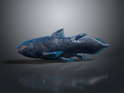 Realistic Blue Fish 3D Render Featuring Red Eyes Shiny Scales And Gray Background 3d model