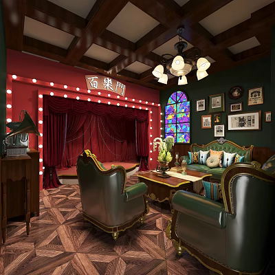 Vintage Interior Design With Red Curtains Chandelier And Stained Glass Window 3d model