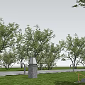 Outdoor Stone Pillar Lights Illuminating Pathway In Green Lawn With Trees