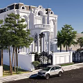 Twin Villa with White Exterior European Style Arched Doorway Wrought Iron Gates and Palm Trees