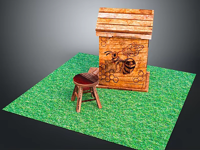 Wooden Beehive And Small Stool On Green Grass Ground Scene 3d model