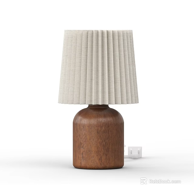 Modern Table Lamp with Wooden Base and Beige Pleated Lampshade and White Cube Accent 3d model 