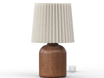 Modern Table Lamp with Wooden Base and Beige Pleated Lampshade and White Cube Accent 3d model